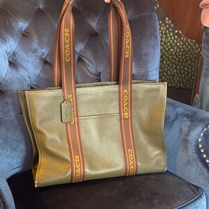 Coach Olive Green Leather Tote with Brown and Orange Branded Straps